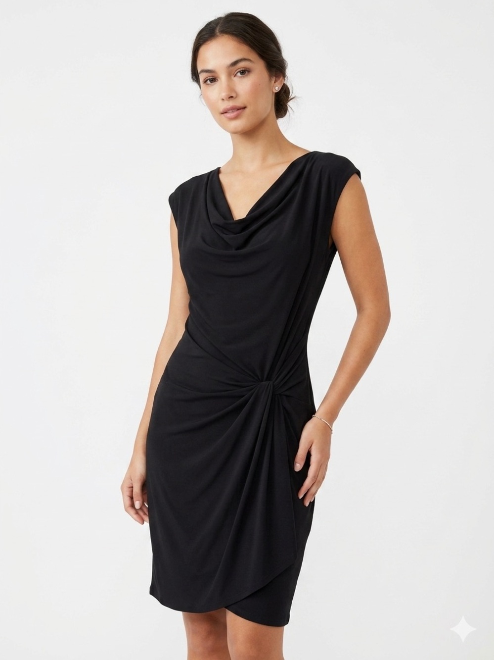 Michael Kors Black Draped Cowl-Neck Midi Dress with Side Knot Large - 639